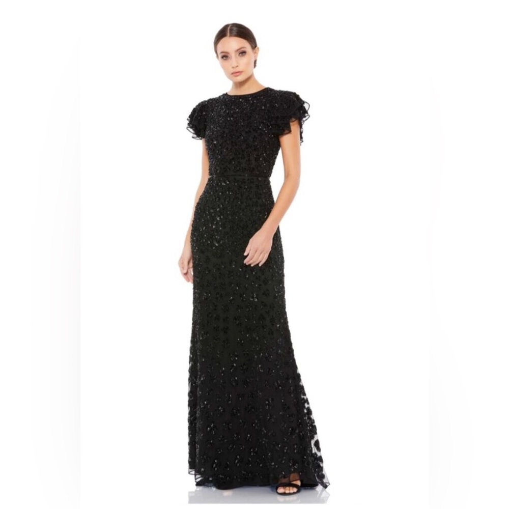 Mac‎ Duggal HIGH NECK FLUTTER CAP SLEEVE Beaded GOWN, Sz 14, Black,  #10748